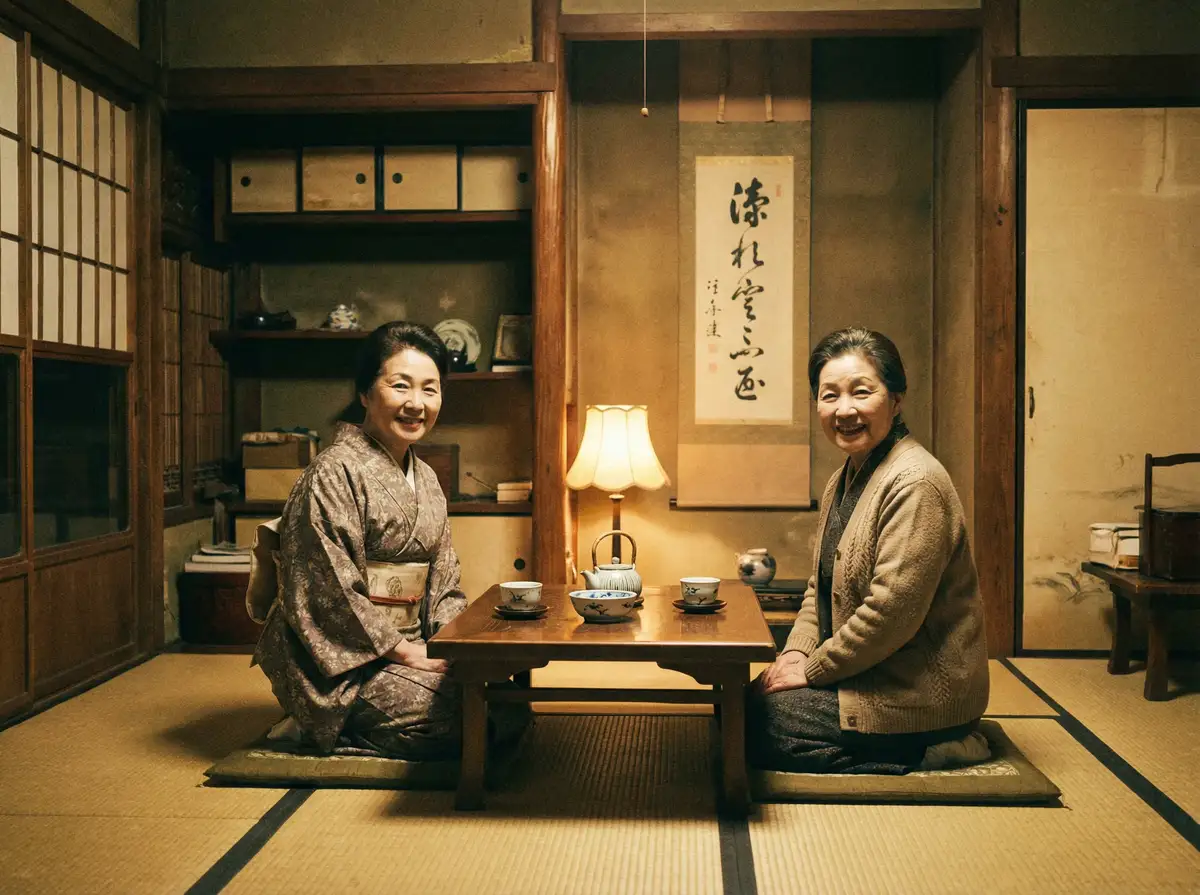 两位优雅的 OVERFLOW免费观看 在日式茶室中品茶交谈